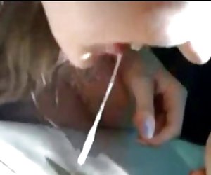Blonde teen blows handjob friend in car. Cum in mouth